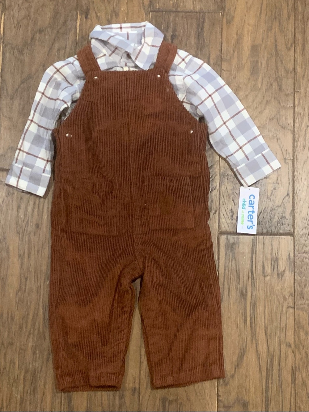carter's Rust Brown Corduroy Overalls and Long Sleeve Button Down Shirt for Kids